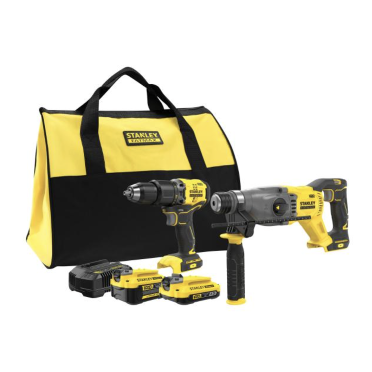 Juego de taladro percutor SDS-Plus, taladro atornillador, cargador de baterías y 2 baterías